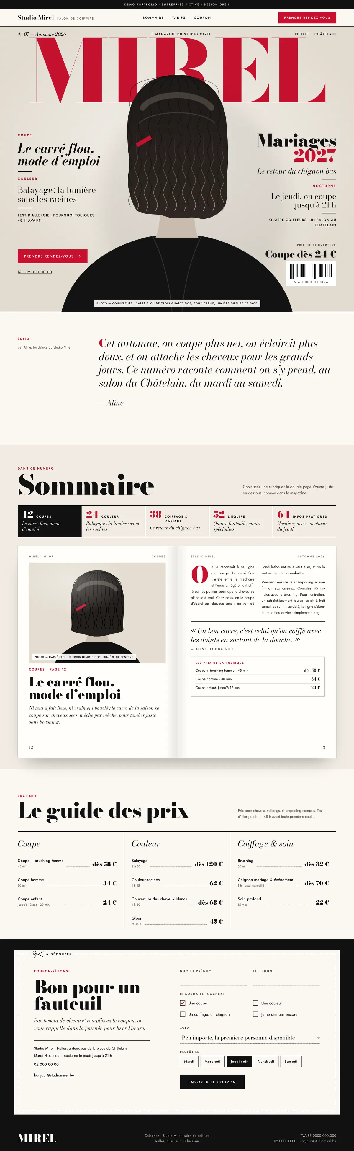 Maquette Studio Mirel, style Magazine : page d'accueil complète.
