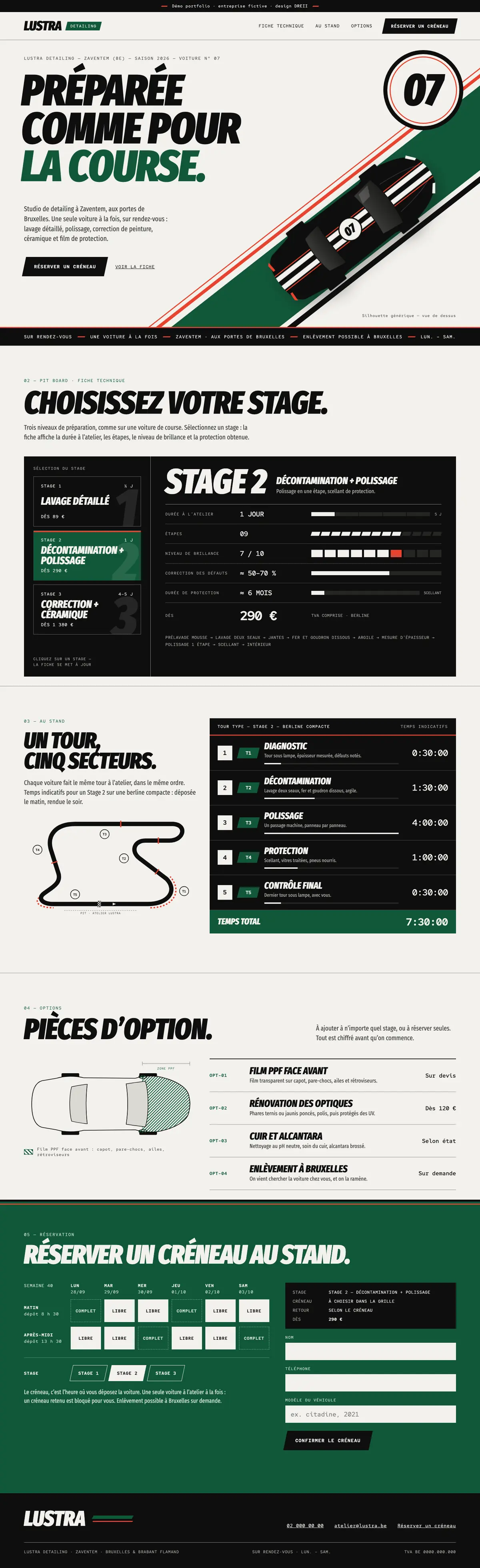 Maquette Lustra Detailing, style Motorsport : page d'accueil complète.