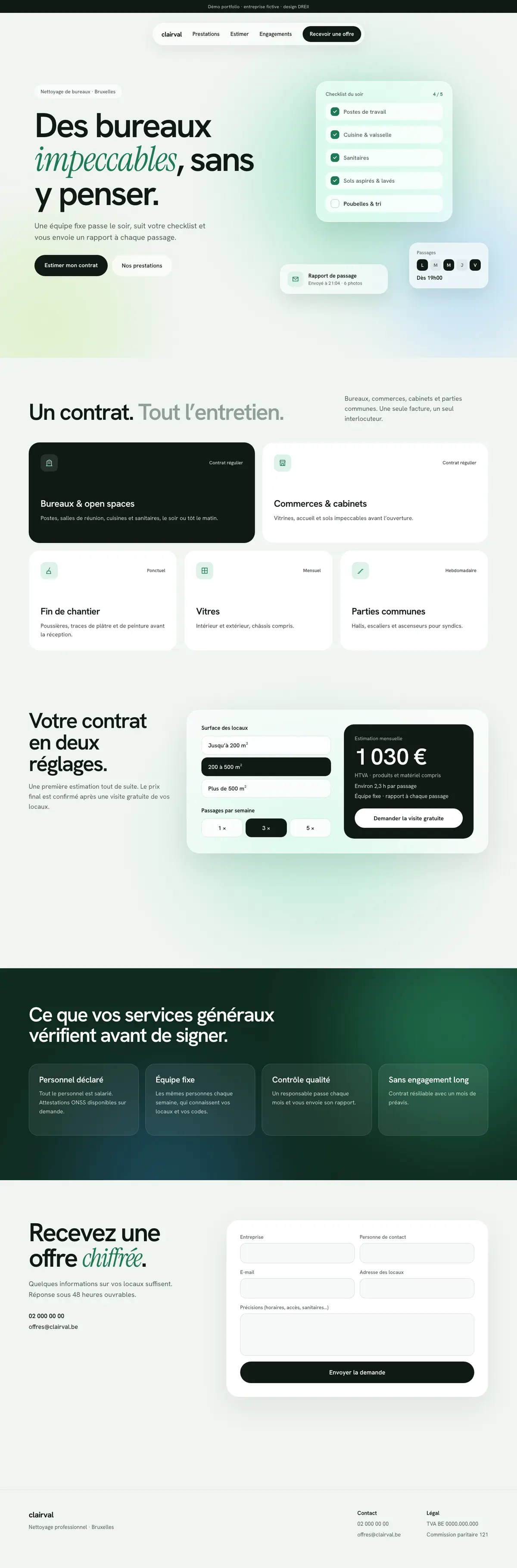Maquette Clairval Services, style Verre : page d'accueil complète.