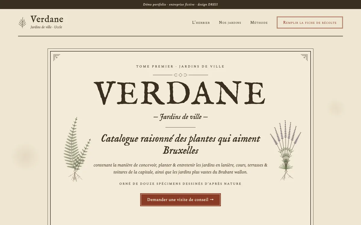 Maquette Verdane Jardins, style Herbier.