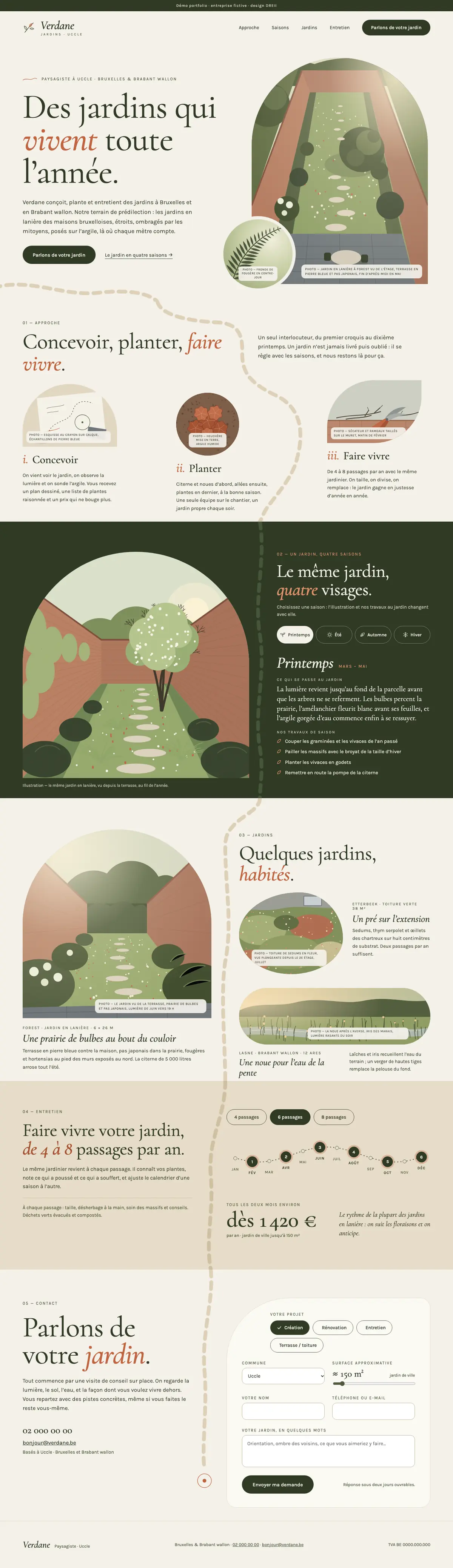 Maquette Verdane Jardins, style Vivant : page d'accueil complète.