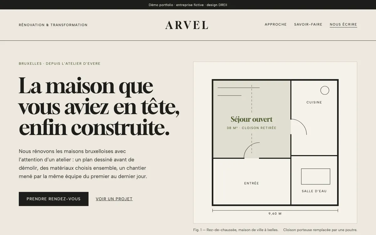 Maquette Arvel Rénovation, style Atelier.